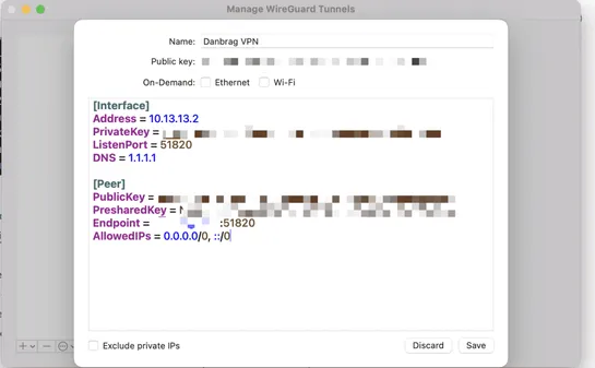WireGuard for Mac tunnel editor for a tunnel named Danbrag VPN, with Interface and Peer settings pasted in and the keys and endpoint blurred