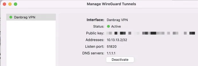 WireGuard for Mac showing the Danbrag VPN tunnel with status Active, address 10.13.13.2/32, listen port 51820, and DNS 1.1.1.1
