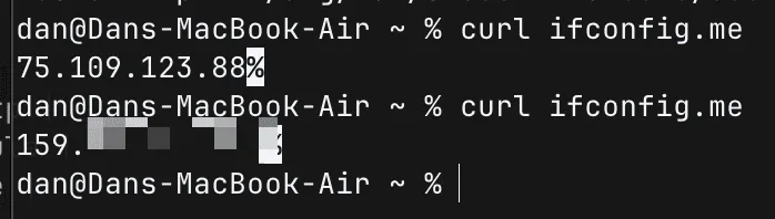 Terminal running curl ifconfig.me twice: first it returns the public Wi-Fi network's IP, then after connecting the VPN it returns the server's blurred IP