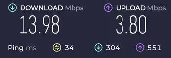 Speed test with the VPN on: 13.98 Mbps download, 3.80 Mbps upload, 34 ms ping
