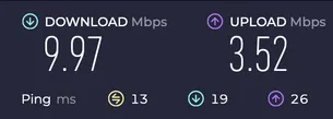 Speed test without the VPN: 9.97 Mbps download, 3.52 Mbps upload, 13 ms ping