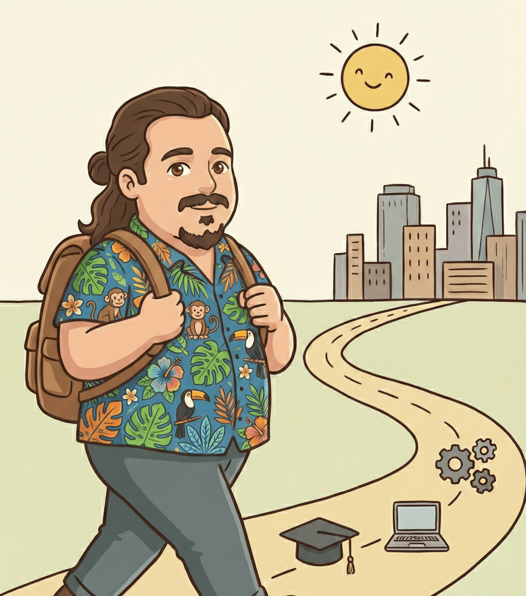 A cartoon version of Dan walking down a path filled with various items denoting his professional experience towards a city