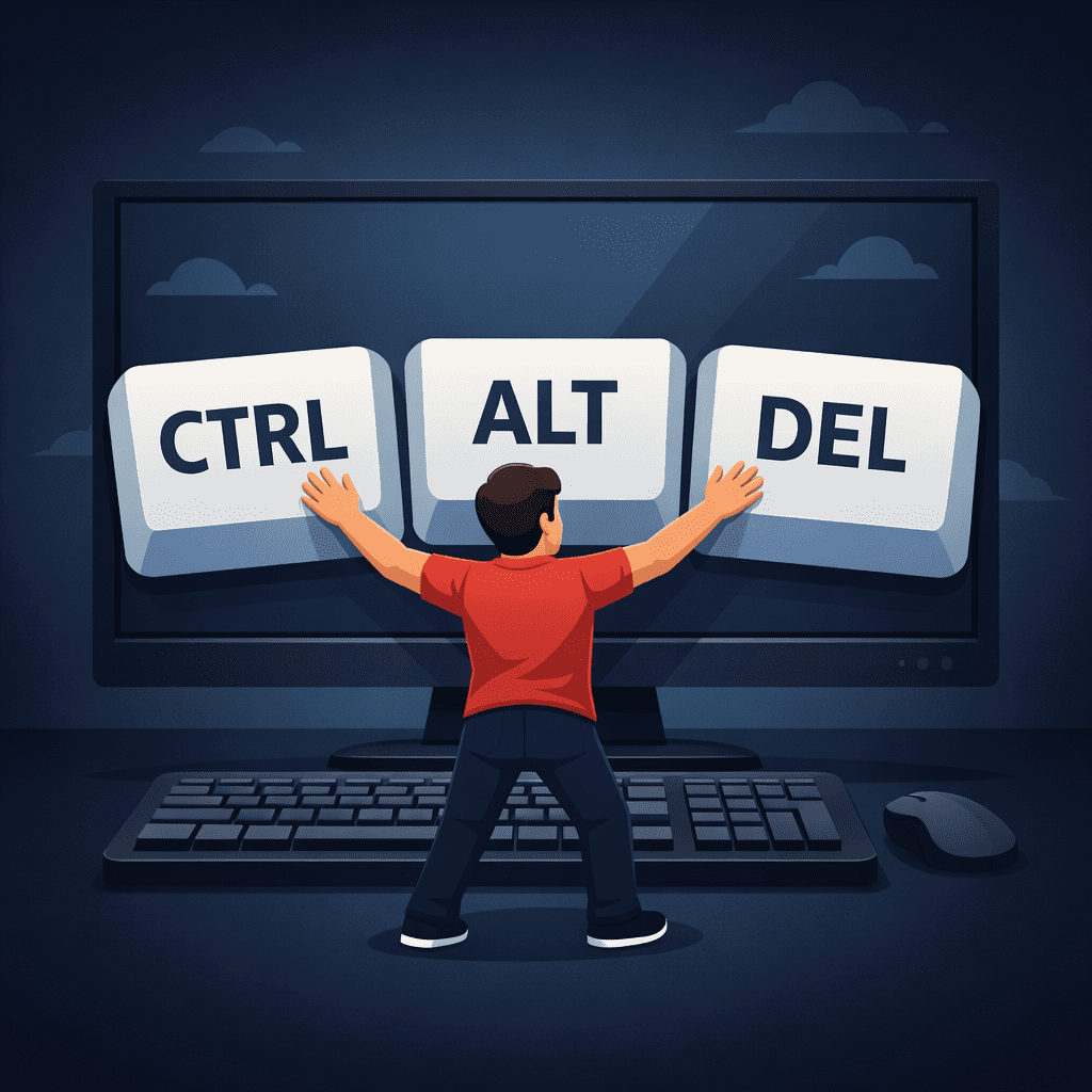 Person pressing oversized Ctrl, Alt, and Delete keys on a computer keyboard to symbolize restarting or starting over.