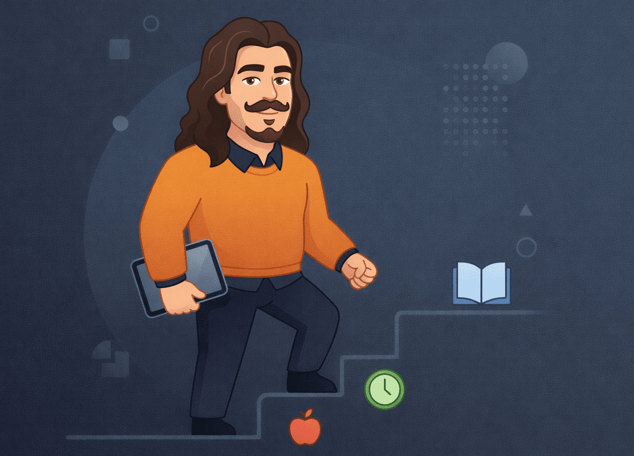 Illustration of a man climbing small steps marked with icons (apple, clock, book), representing steady progress through small habits.