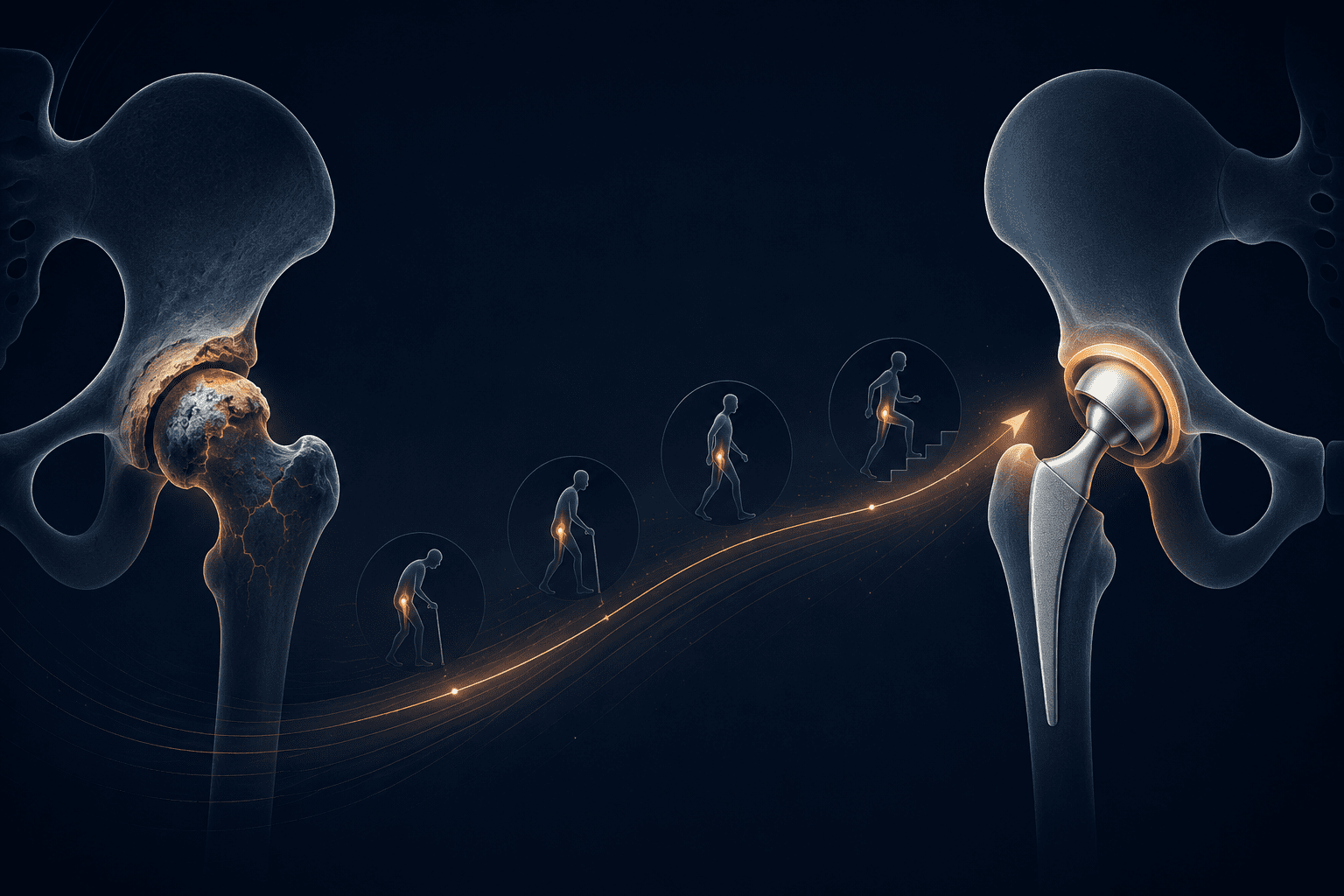 Illustration showing the progression from avascular necrosis of the hip to total hip replacement recovery. A damaged hip joint appears on the left, transitioning through stages of improved mobility along a glowing path to a restored hip replacement on the right.